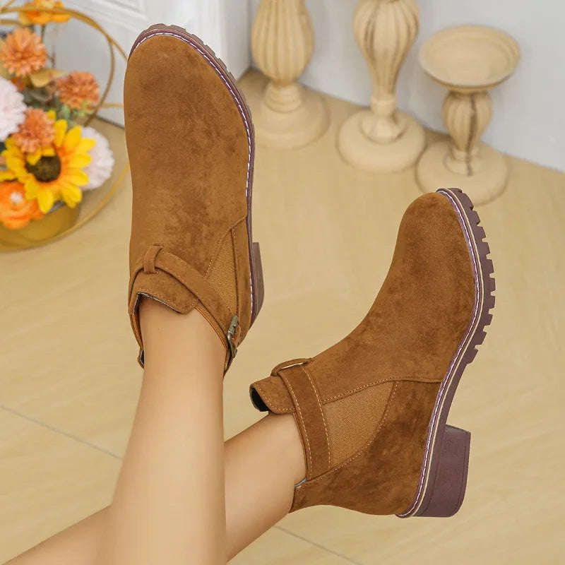 Krohn-e | Winter Schnalle Stiefel Runde Zehe Chunky Absätze