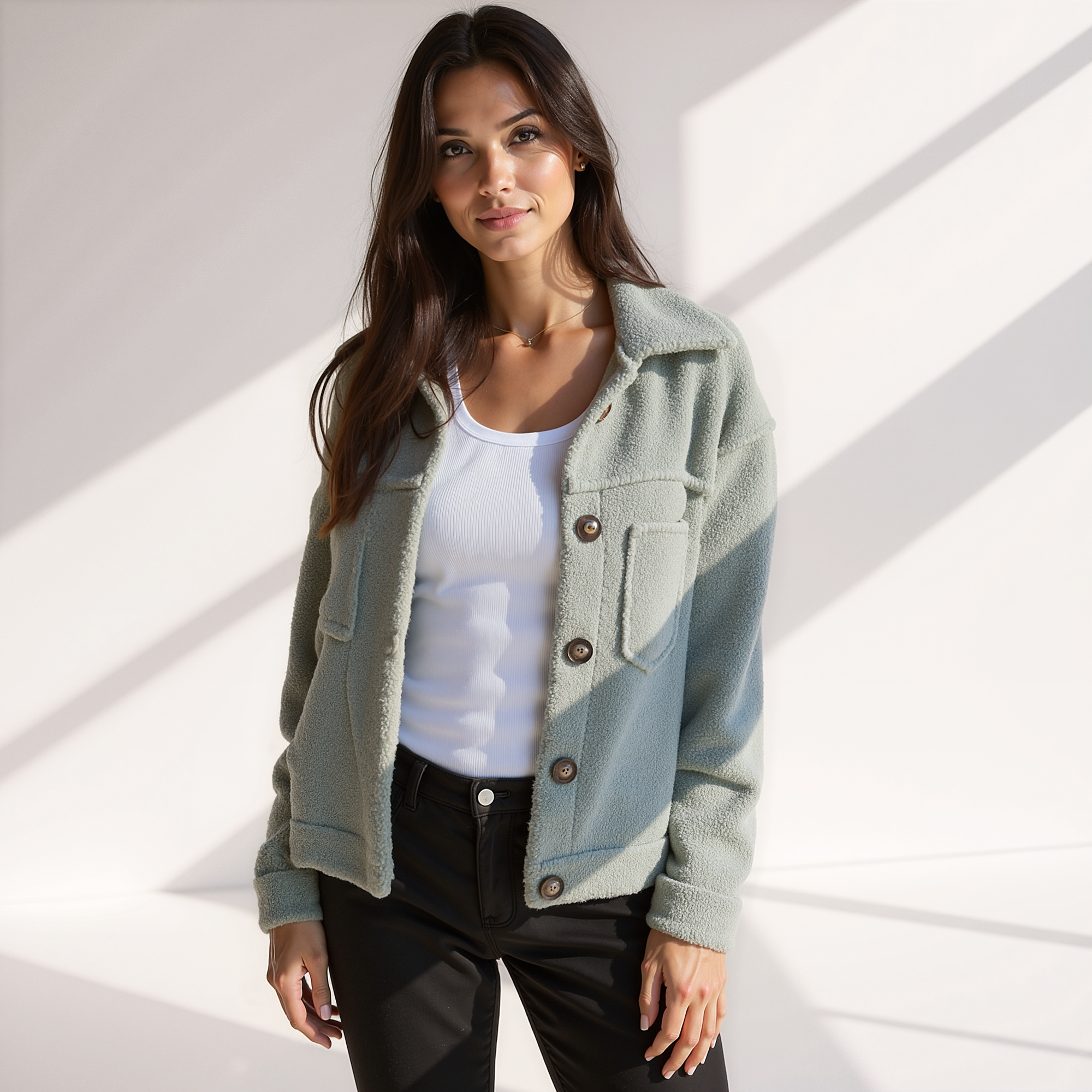 Krohn-e | Weiche Damen Teddy Herbstjacke mit Knöpfen und Taschen