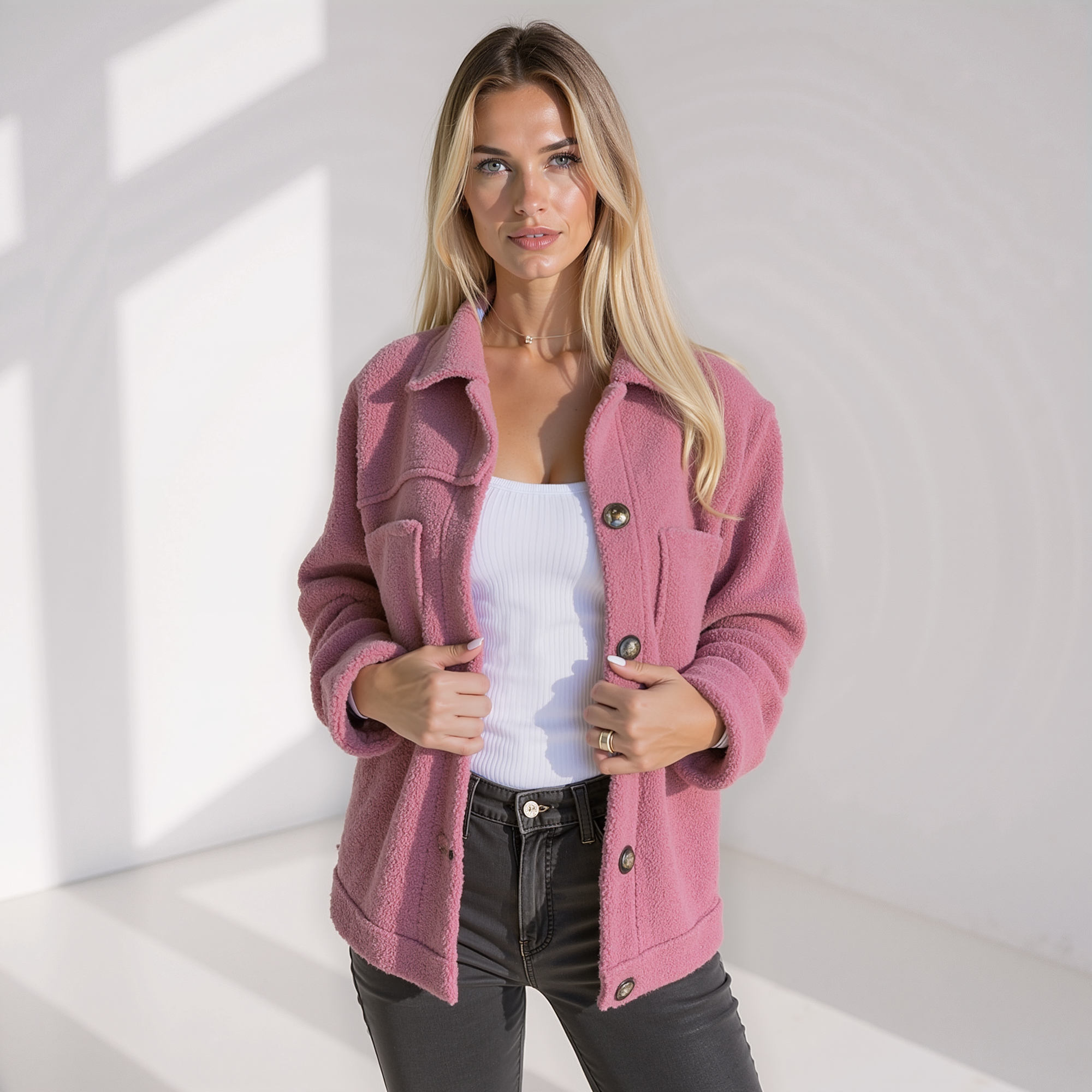 Krohn-e | Weiche Damen Teddy Herbstjacke mit Knöpfen und Taschen
