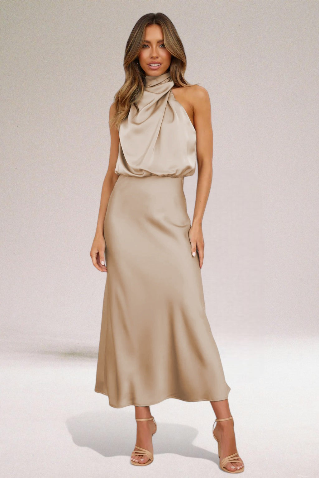 KROHN-E Damen Neckholder Kleid Fließend Glänzend Elegant Abendkleid