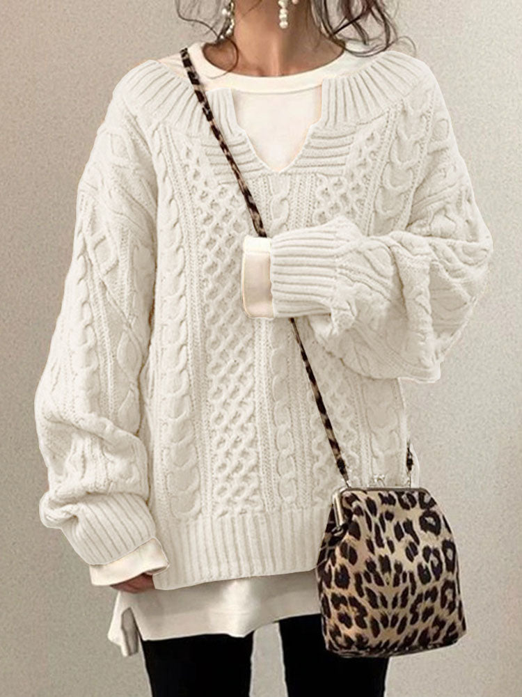 Krohn-e | Kabelstrickpullover - Damen Herbst Grobstrickpullover mit Schlitzkragen