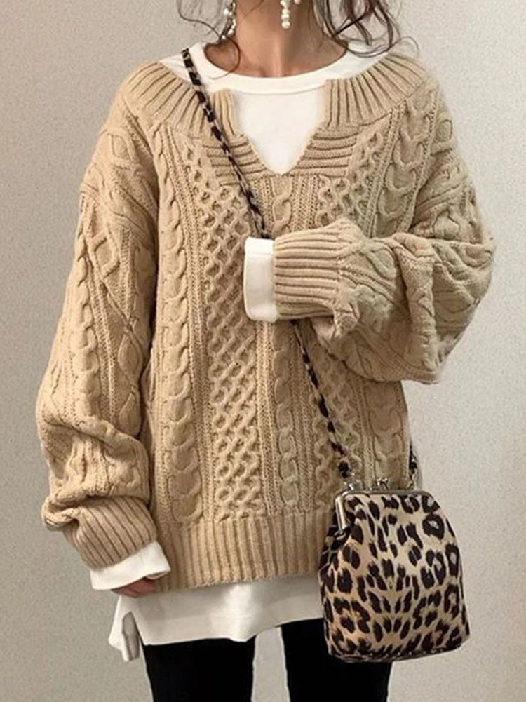 Krohn-e | Kabelstrickpullover - Damen Herbst Grobstrickpullover mit Schlitzkragen