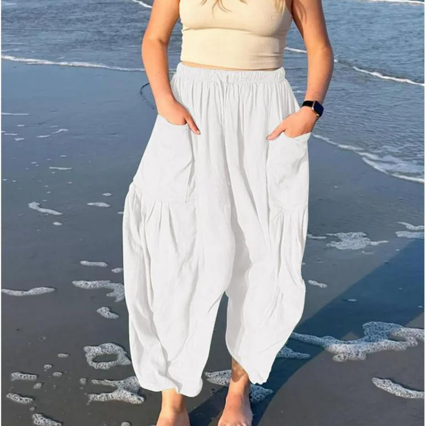 Baumwoll-Leinen Hose Louinda mit weitem Bein, elastischem Bund und Taschen