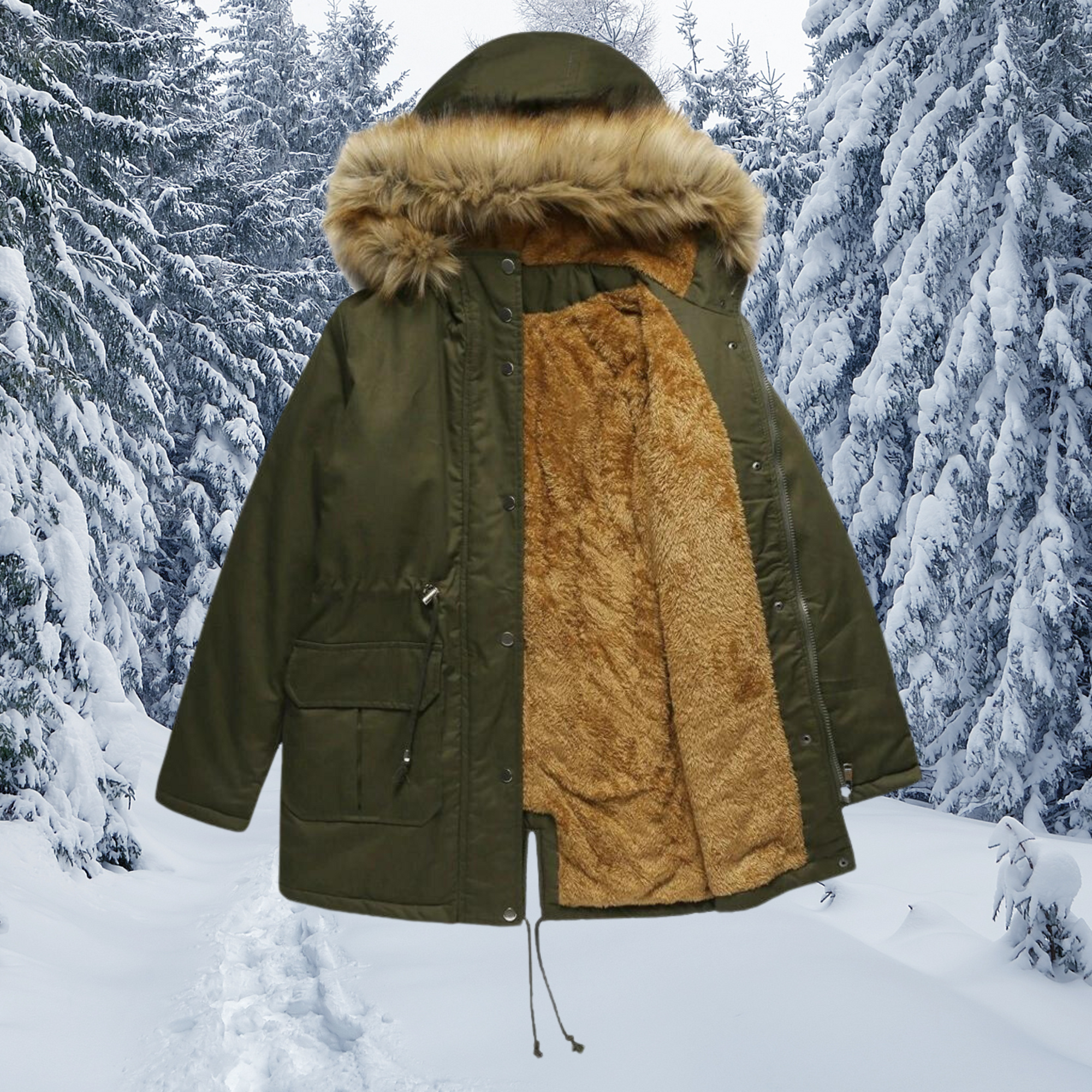 Krohn-e | Gepolsterter Pelzkragen mit Kapuze Warmer Wintermantel