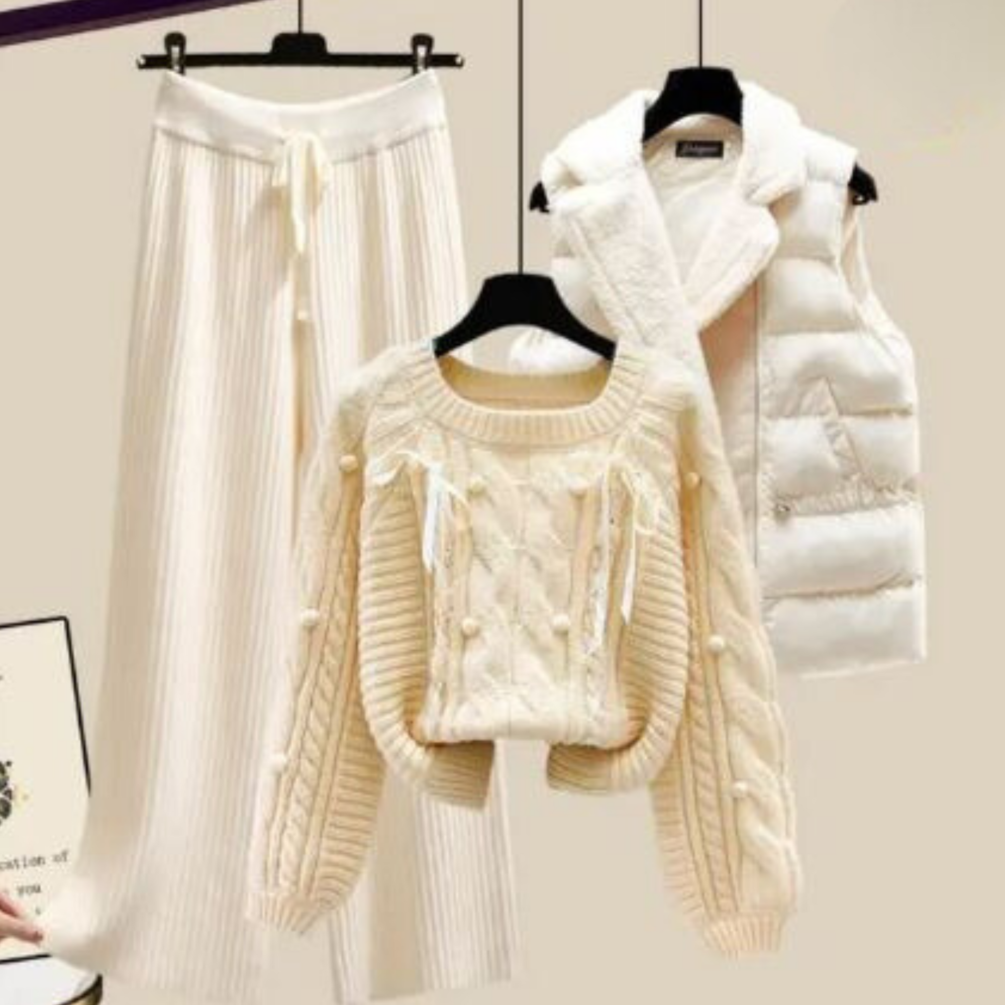 Krohn-e | Dreiteiliges Damen Strickjacken Jackett, Locker Sitzender Pullover und Weite Hosenbeine