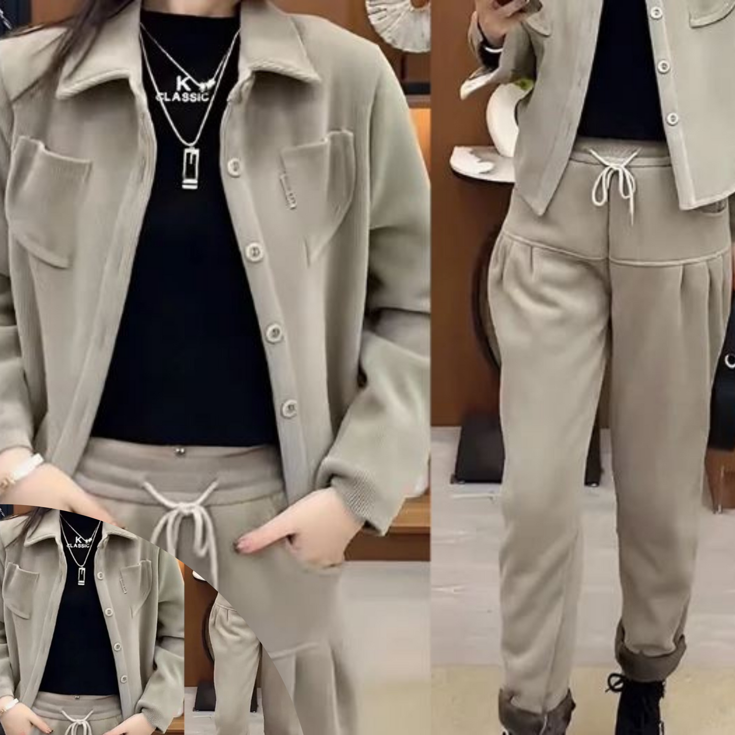 Cassi Damen Winter-Outfit: Jacke und Hose im Vintage-Stil