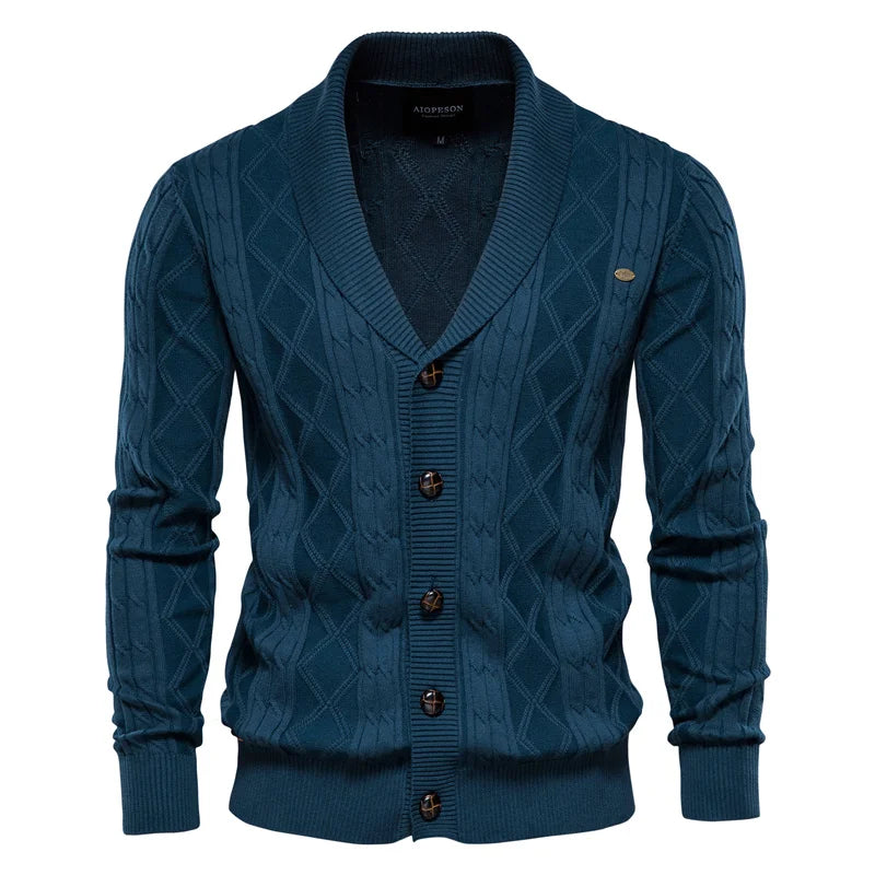 Konrad | Herren-Strickjacke mit Schalkragen, Rautenmuster, Knopfleiste
