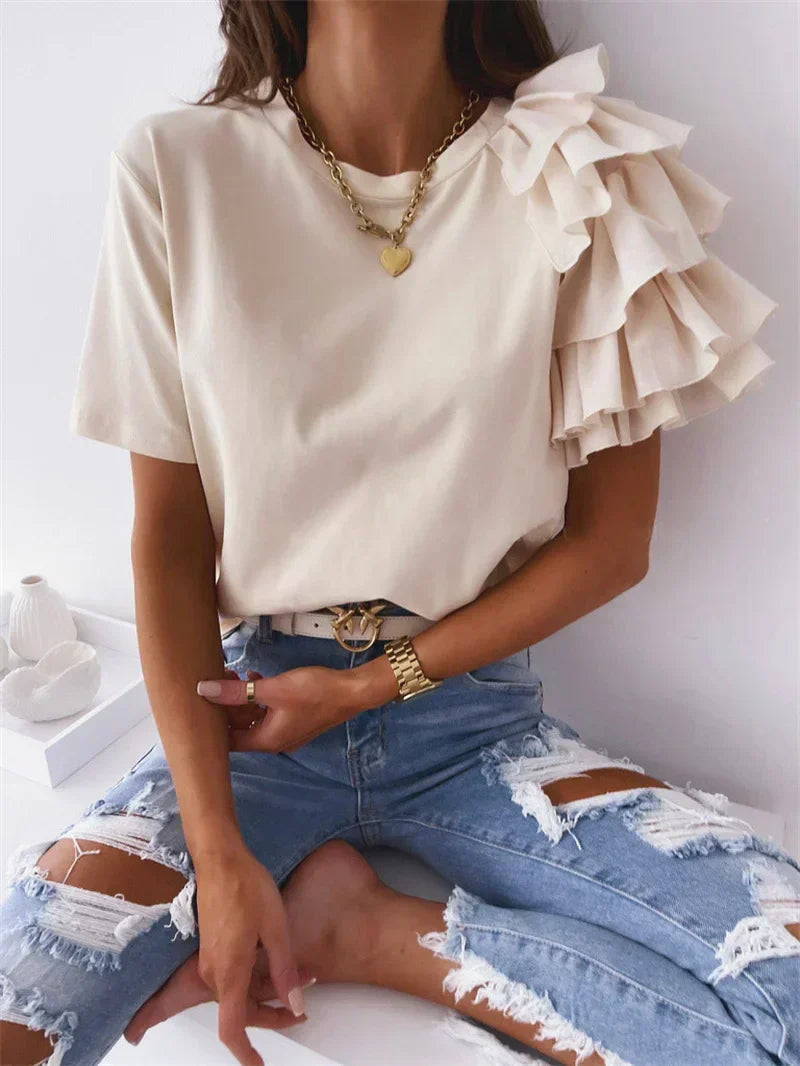 KROHN-E Damen Top Rüschenärmel Asymmetrisch Statement
