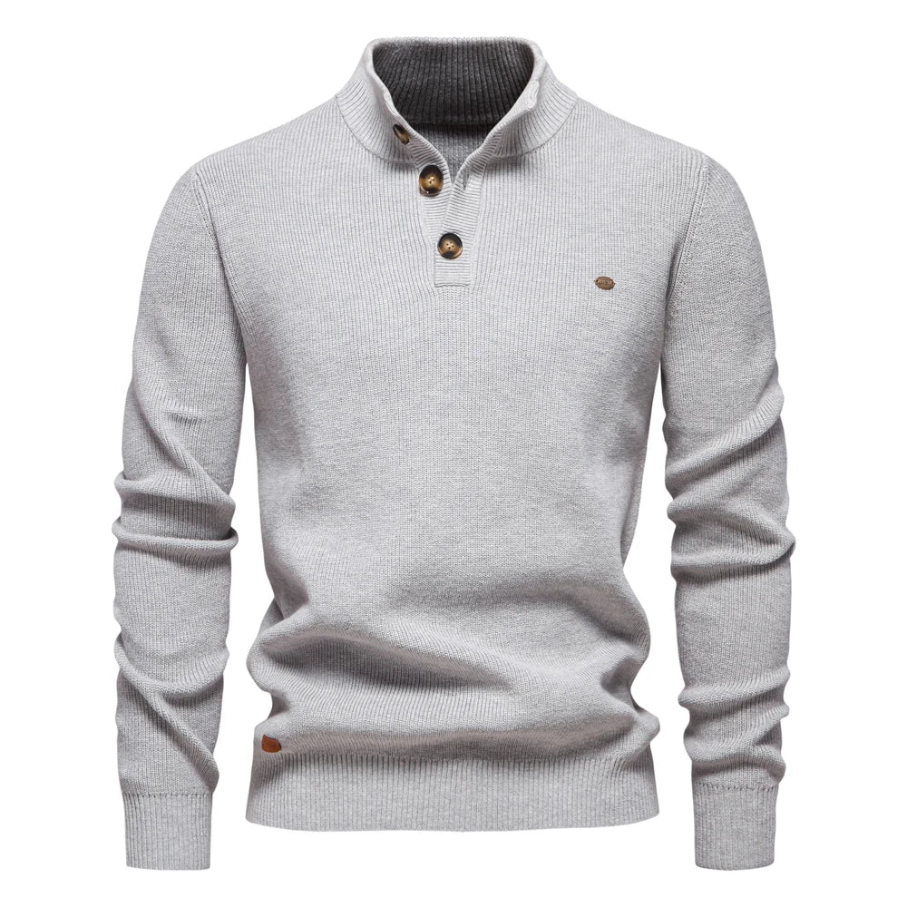 Lennart | Herrenpullover mit Stehkragen und Knopfleiste, einfarbig