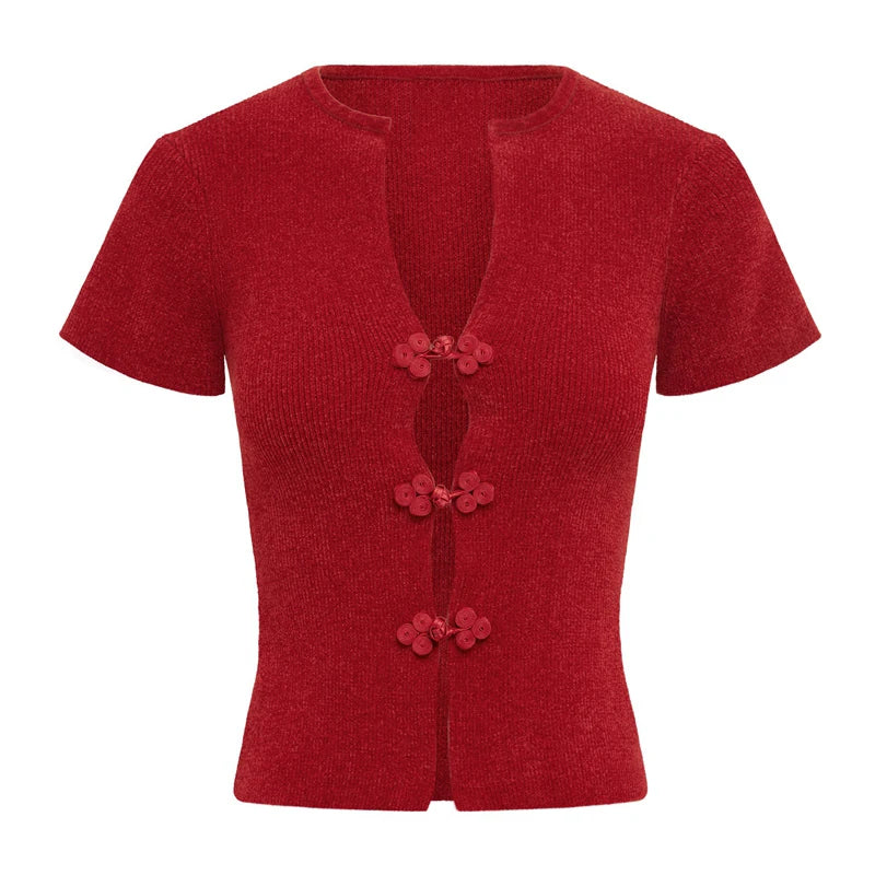 Fudus V-Neck Cropped Top with Vintage Buckle Detail