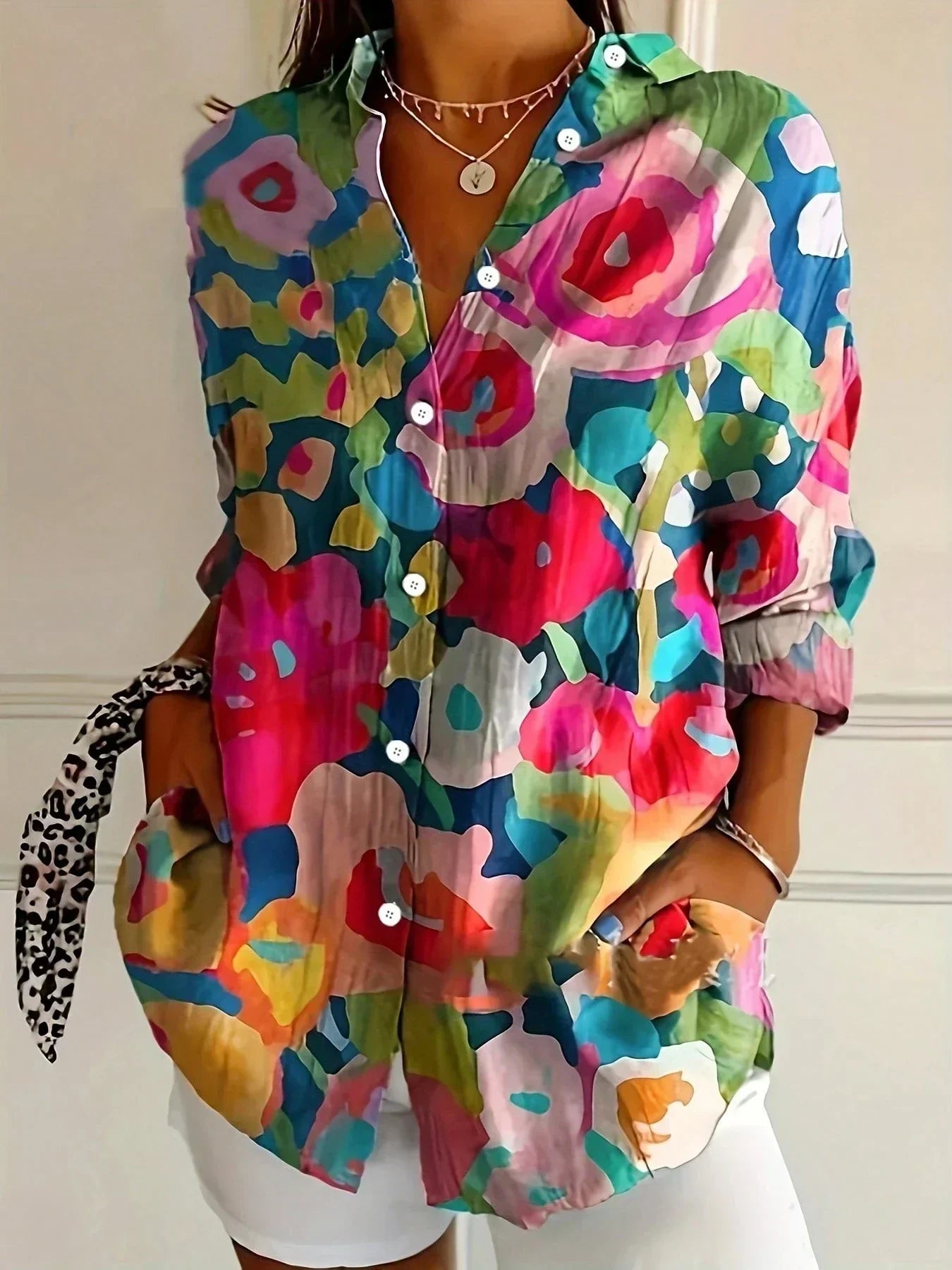 KROHN-E Damen Bluse Verspieltes Muster Leichter Stoff Bunt