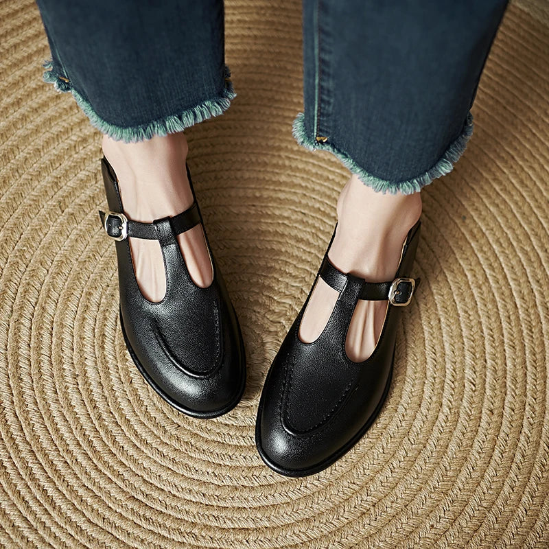 KROHN-E Damen T-Spangen Mary Jane Flats Runde Zehenkappe