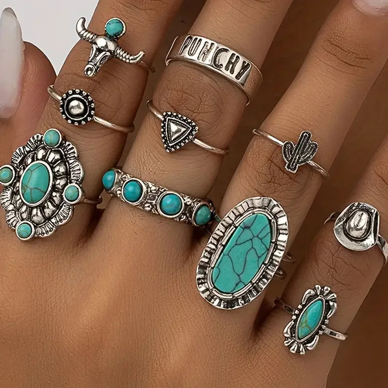 KROHN-E Damen Ring Set Western Stil 10-teilig Silber Schmuck
