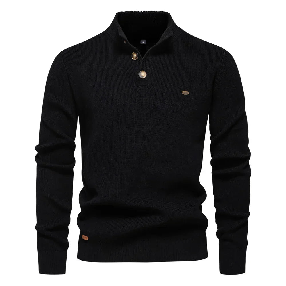 Lennart | Herrenpullover mit Stehkragen und Knopfleiste, einfarbig