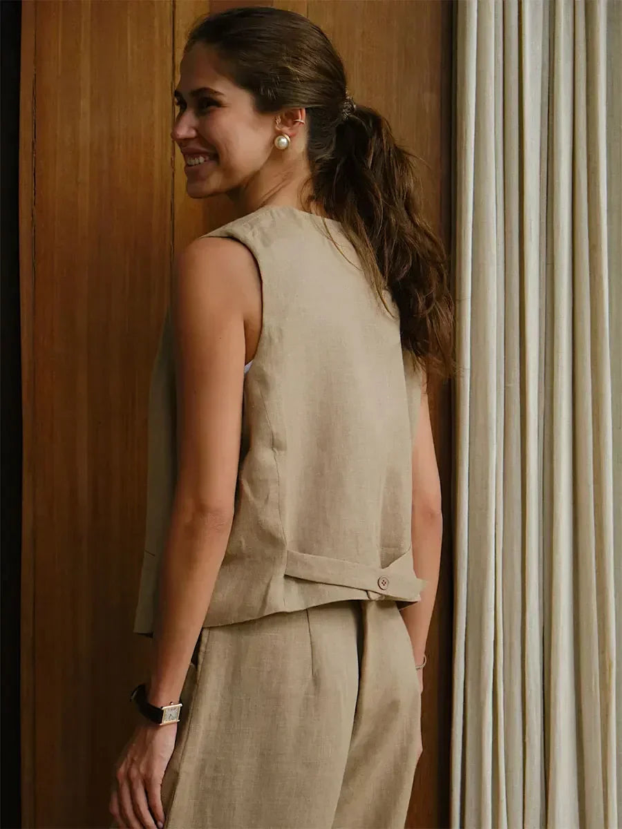 Fudus ärmelloses Leinen-Baumwoll-Tanktop mit V-Ausschnitt für den Sommer