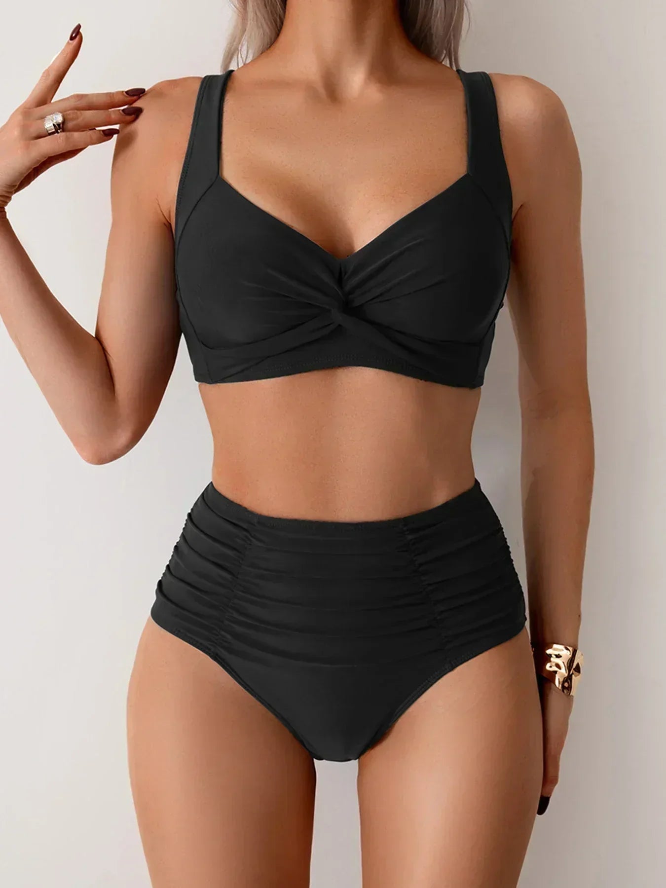 KROHN-E Damen Bikini High-Waist Twist-Top Schwarz