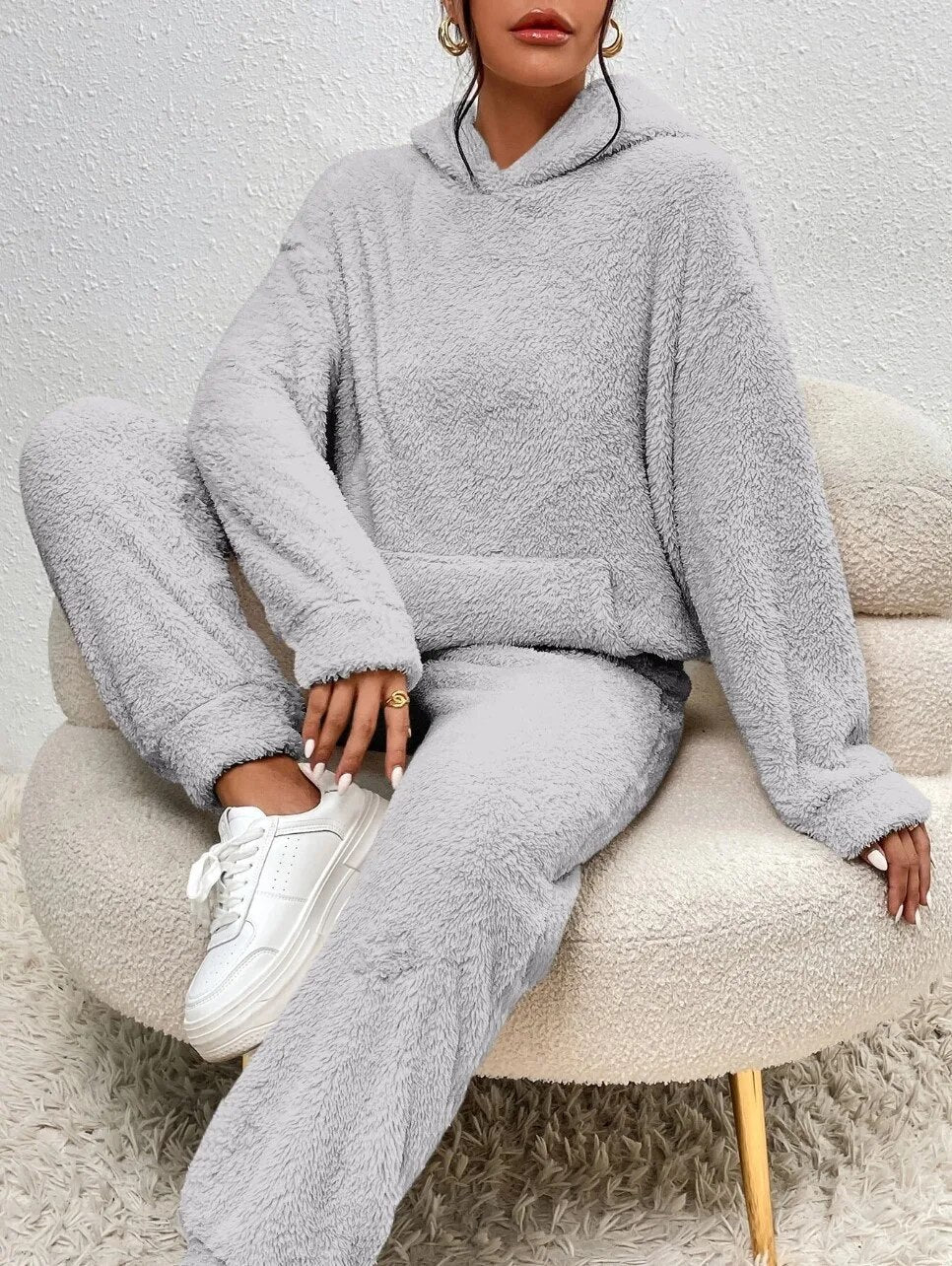 Krohn-e | Weiche Teddyjacke Damen Loungewear Satz mit Kapuze