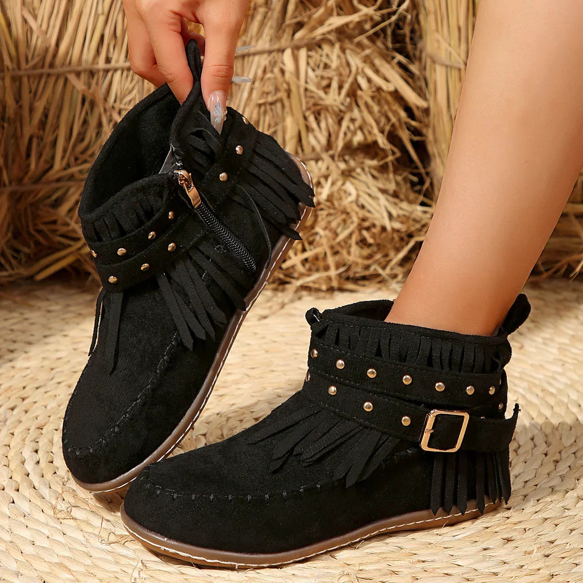 Krohn-e | Retro Kunstwildleder Schnalle Cowboy Stiefeletten