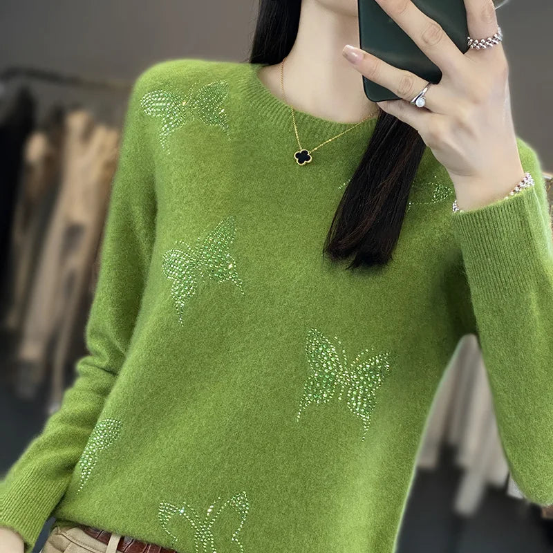 KROHN-E Damen Strickpullover Schmetterling-Design Weich