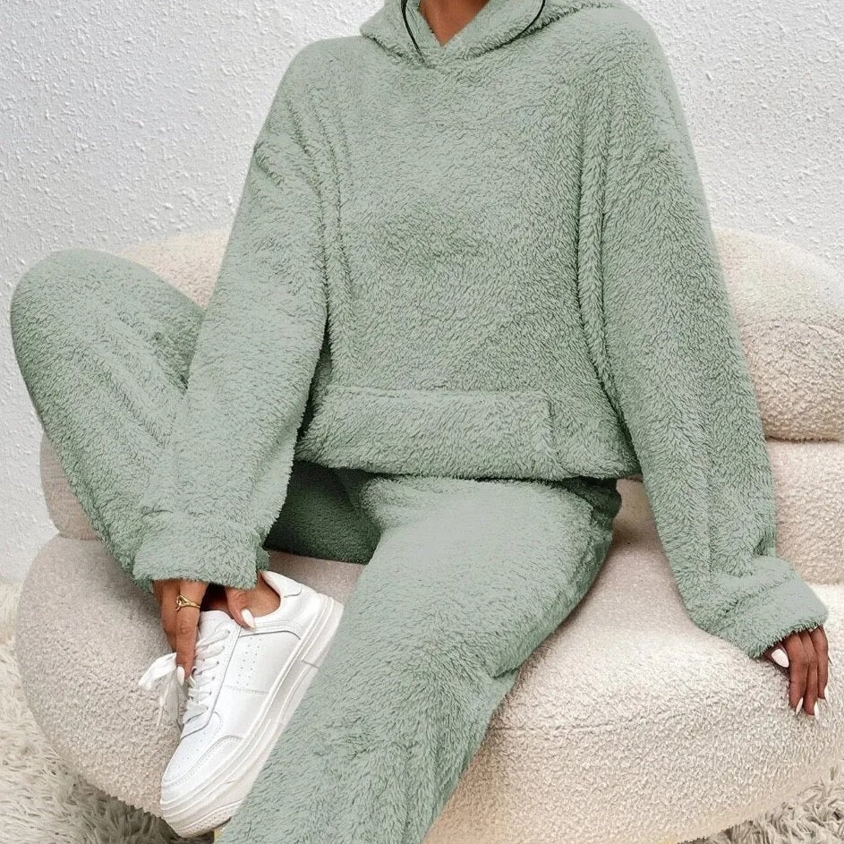 Krohn-e | Weiche Teddyjacke Damen Loungewear Satz mit Kapuze