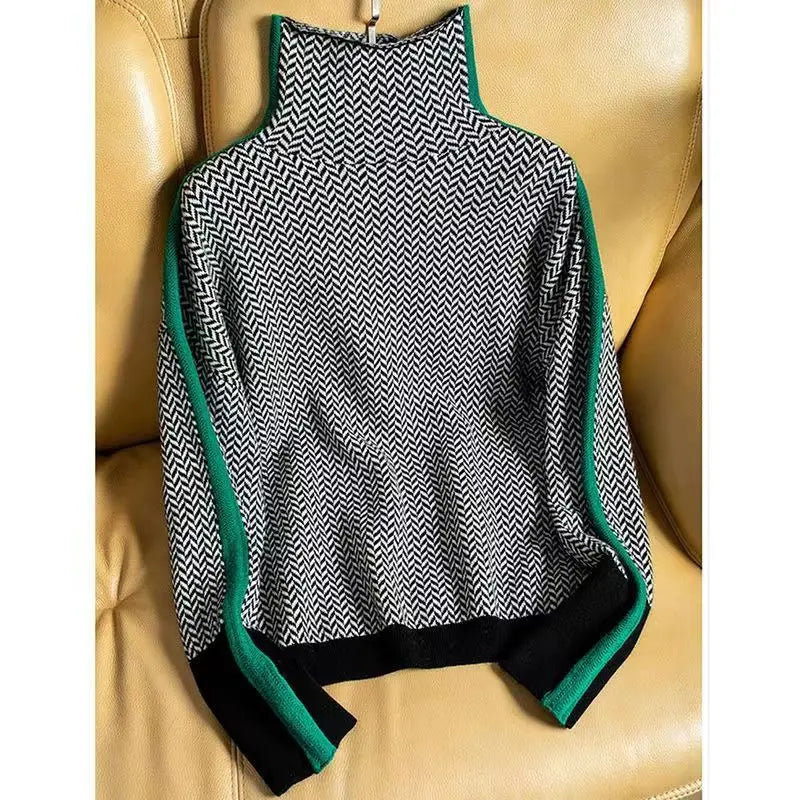 KROHN-E Damen Rollkragen-Pullover Fischgrätenmuster Weich Elegant
