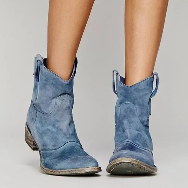 Krohn-e | Stiefeletten Wildleder Niedriger Absatz Weinlese Stil Westernzehe Zuglaschen