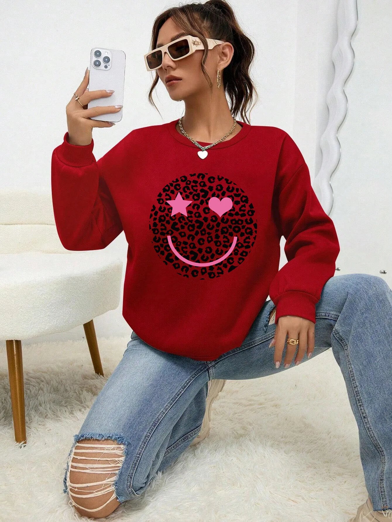 Krohn-e | Lässiges Sweatshirt mit Leopardenmotiv Baumwollmischung Trendy und Komfortabel