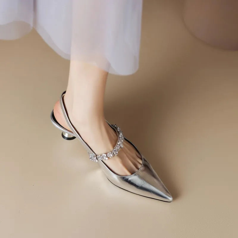 KROHN-E Damen Slingback-Pumps Kristall-Riemen Spitze Zehe