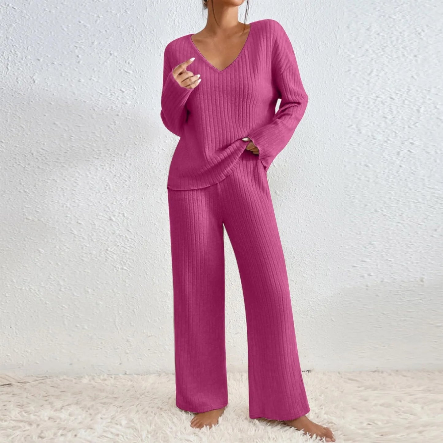 KROHN-E Damen Strick Zweiteiler Set Entspannt Beige Loungewear
