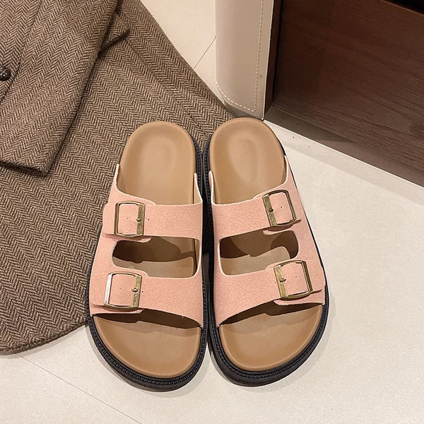 KROHN-E Damen Slip-On Pantoletten Gepolstert Schnallen-Detail