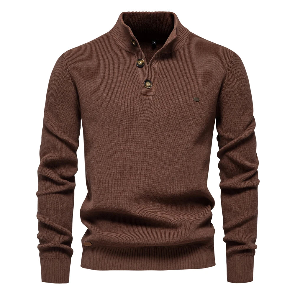 Lennart | Herrenpullover mit Stehkragen und Knopfleiste, einfarbig
