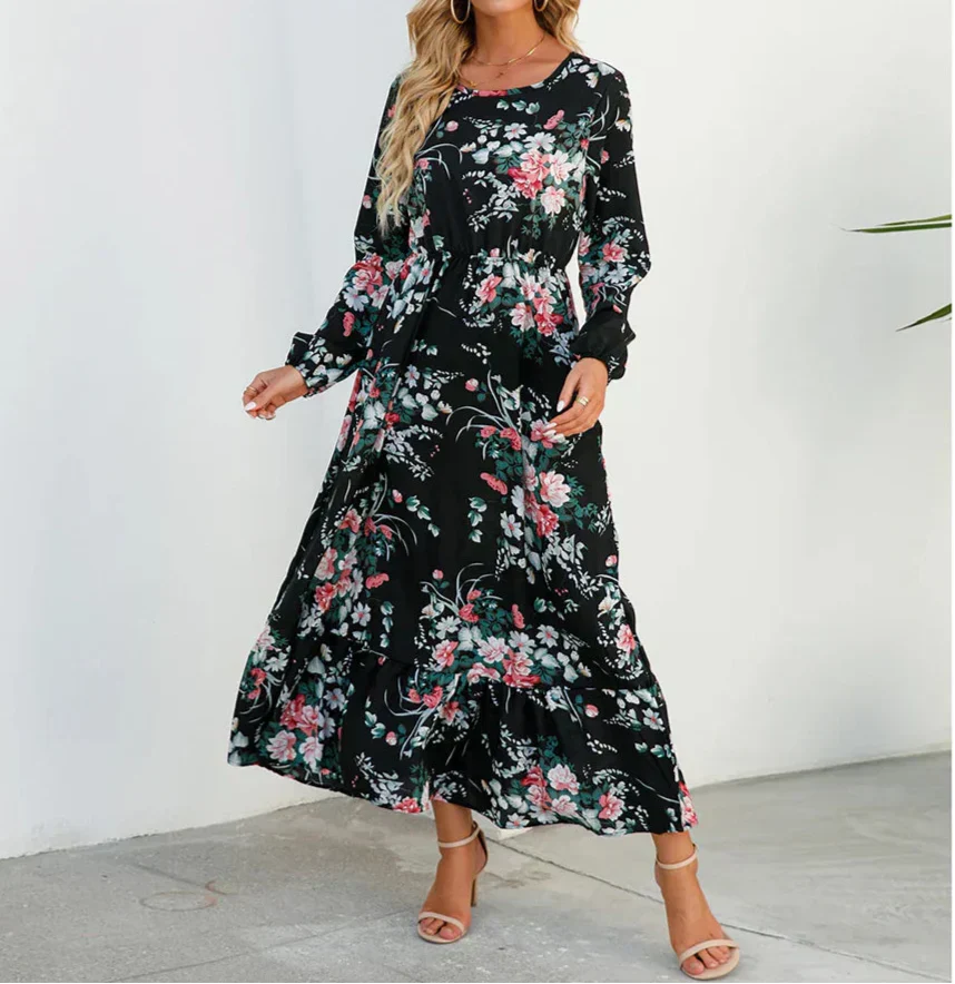 KROHN-E Damen Maxi-Kleid Blumenmuster Verstellbare Träger Sommerkleid Fließend