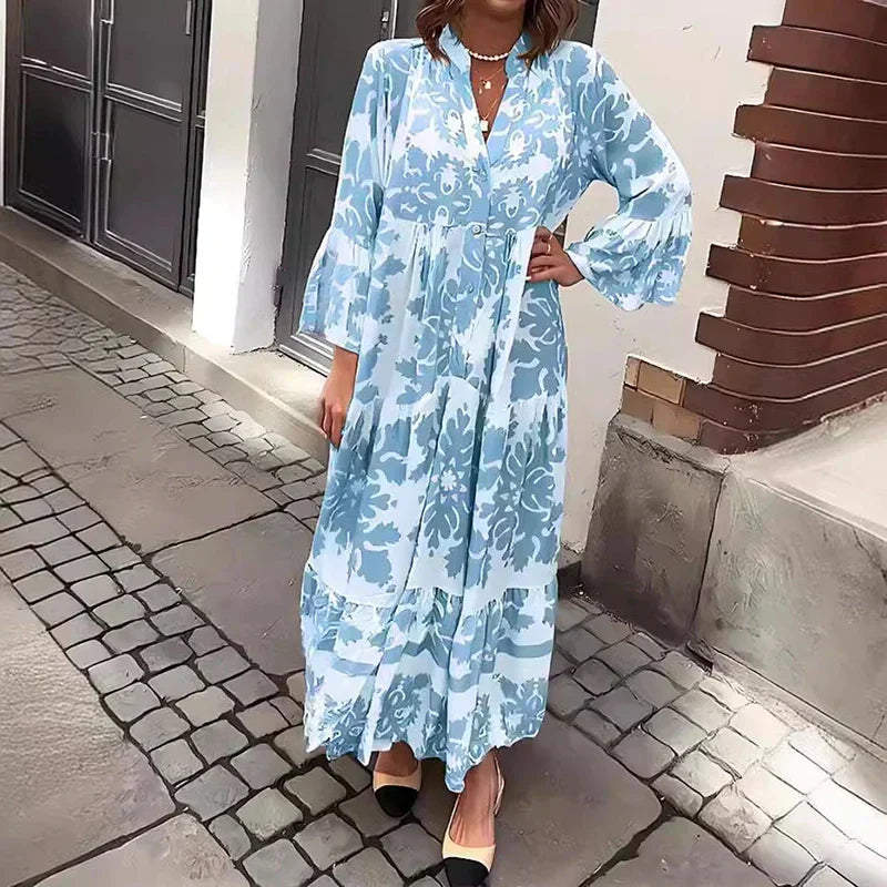 KROHN-E Damen Boho Maxikleid fließend bedruckt Muster lange Ärmel