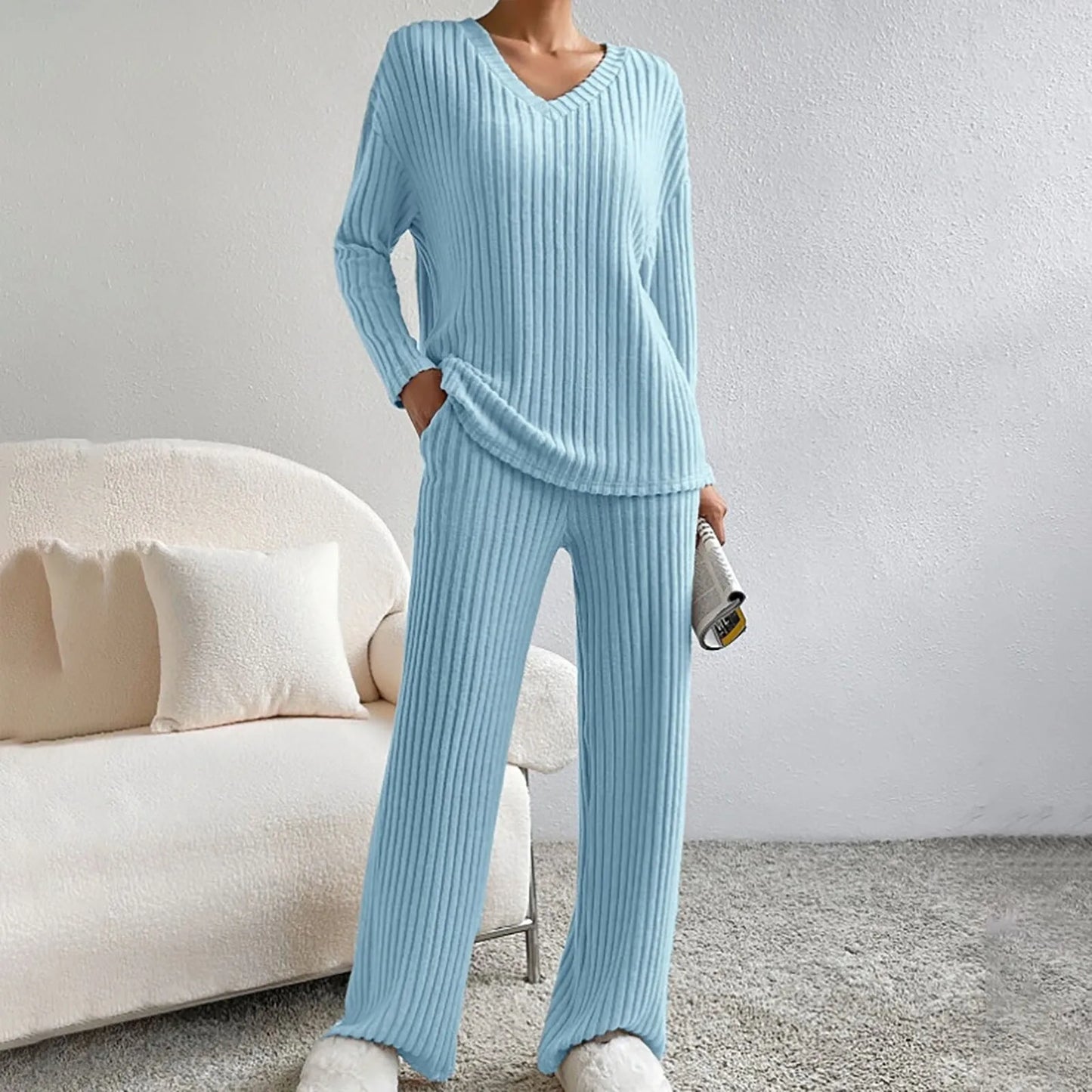 KROHN-E Damen Strick Zweiteiler Set Entspannt Beige Loungewear