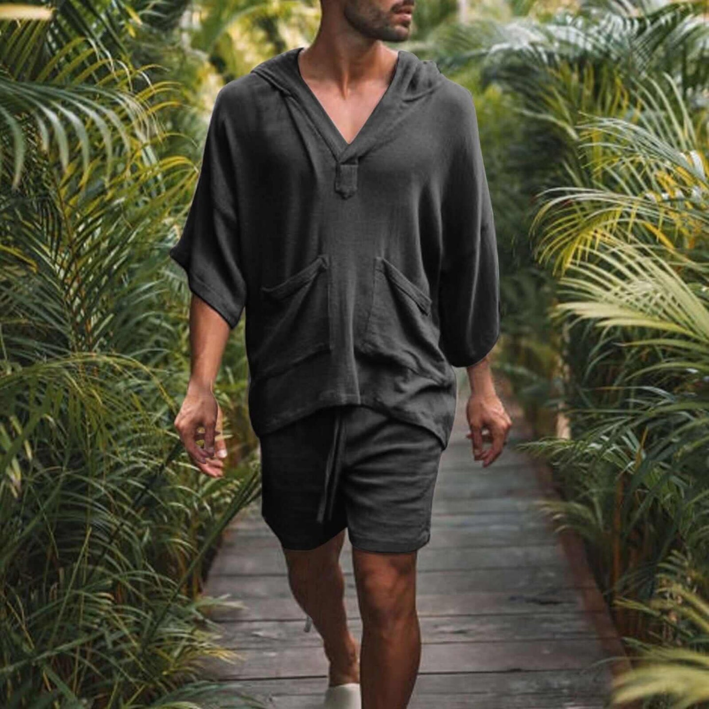 Fudus Hoodie und Shorts Set: V-Ausschnitt, Dreiviertelärmel, Relaxed Fit, Atmungsaktiv