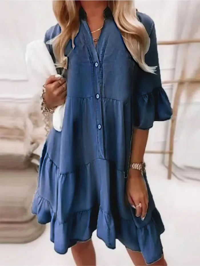 KROHN-E Damen Mini-Kleid Jeans Volants Knopfleiste Hellblau