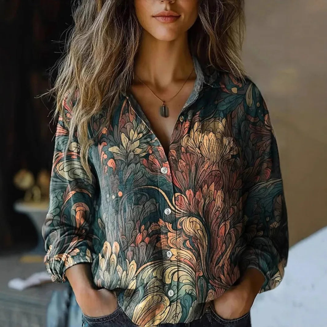 KROHN-E Damen Bluse Langarm Blumenmuster Herbstfarben Knopfleiste