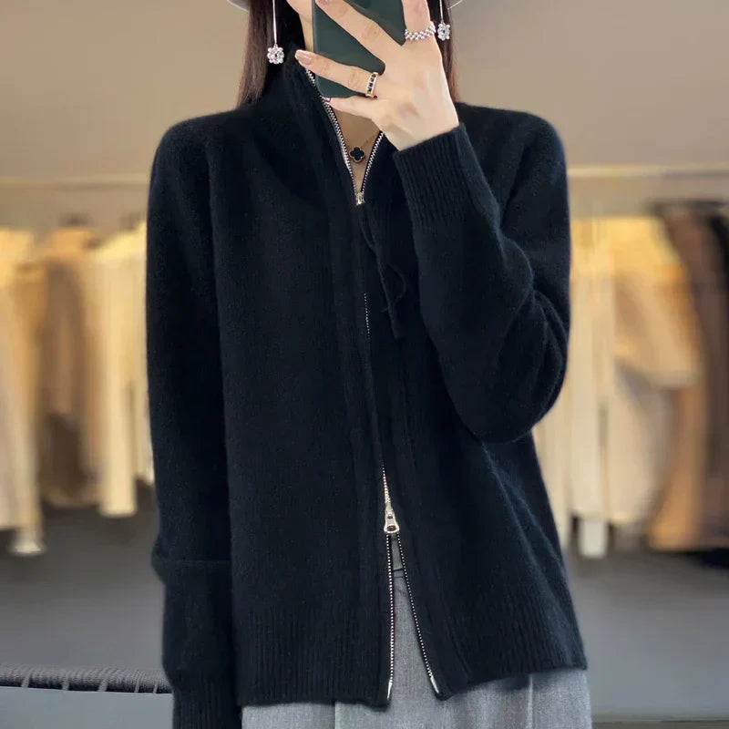 Krohn-e | Woll Cardigan Doppelter Reißverschluss und Hoher Kragen Weich und Elegant