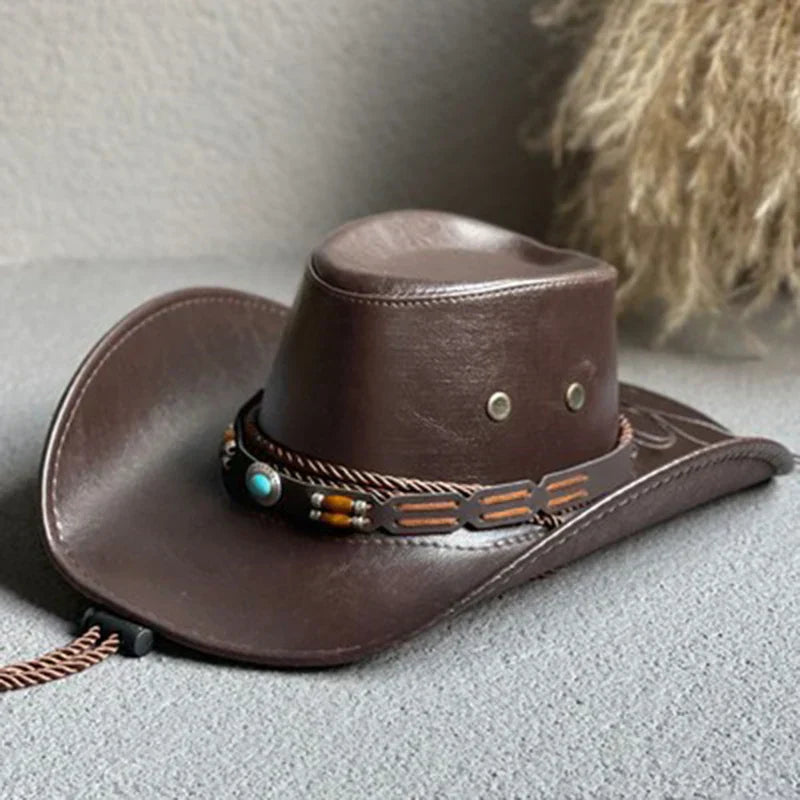 KROHN-E Damen Cowboy-Hut Vintage Western Breite Krempe Braun