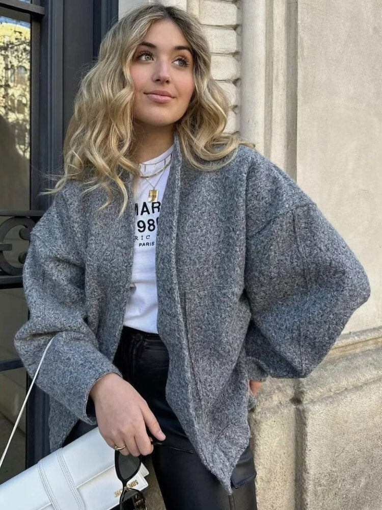 Krohn-e | Damen Oversized Jacke Top Coat Lange Ärmel mit Versteckten Knöpfen
