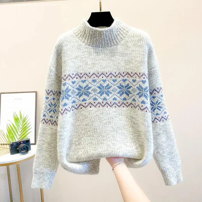 KROHN-E Damen Strickpullover Schneeflocken-Muster Rollkragen Winter