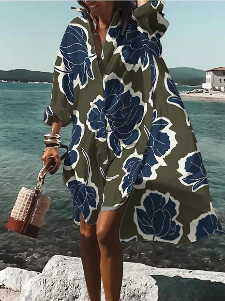 KROHN-E Damen Midi-Hemdblusenkleid Oversize Kurzarm Baumwolle
