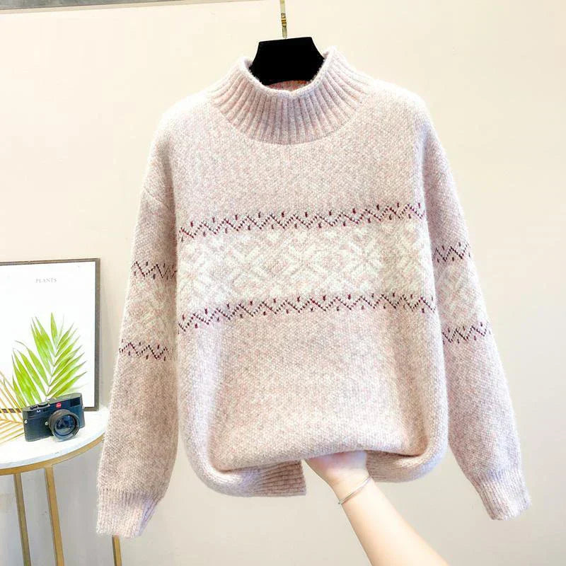 KROHN-E Damen Strickpullover Schneeflocken-Muster Rollkragen Winter