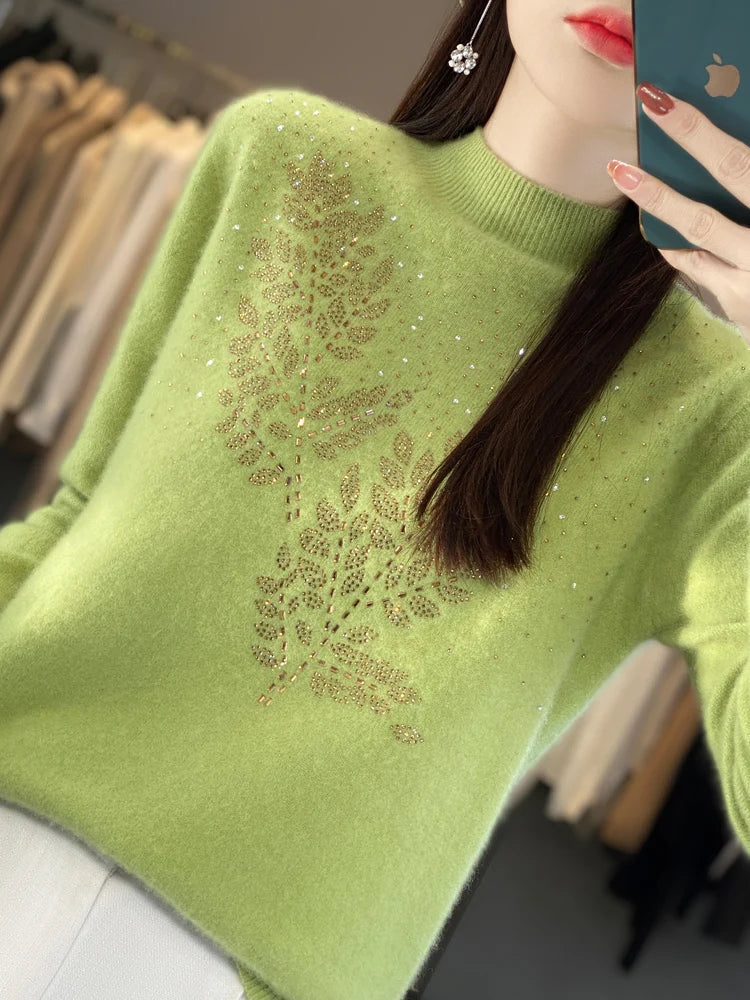 KROHN-E Damen Pullover Verziert Blatt-Design Elegant Vielseitig