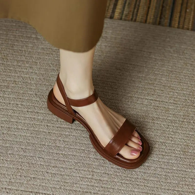 KROHN-E Damen Sandalen Blockabsatz Vegan-Leder Knöchelriemen