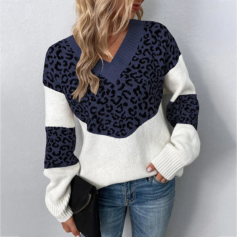 KROHN-E Damen V-Ausschnitt Pullover Leopardenmuster Weichstrick