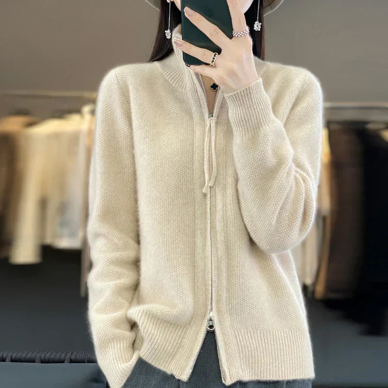 Krohn-e | Woll Cardigan Doppelter Reißverschluss und Hoher Kragen Weich und Elegant