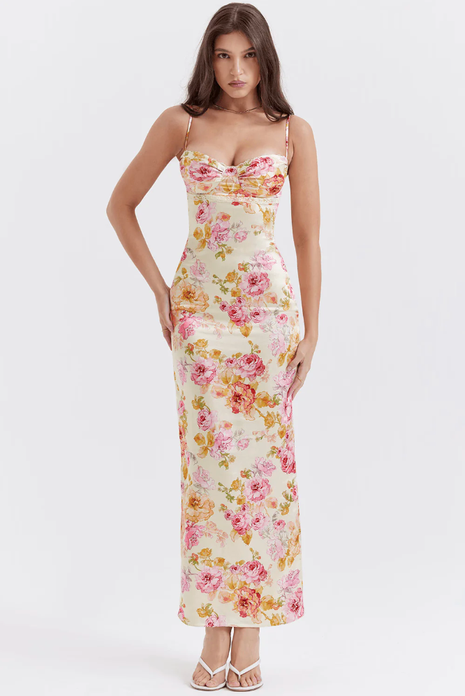 KROHN-E Damen Trägerkleid Blumenmuster Spaghetti-Träger