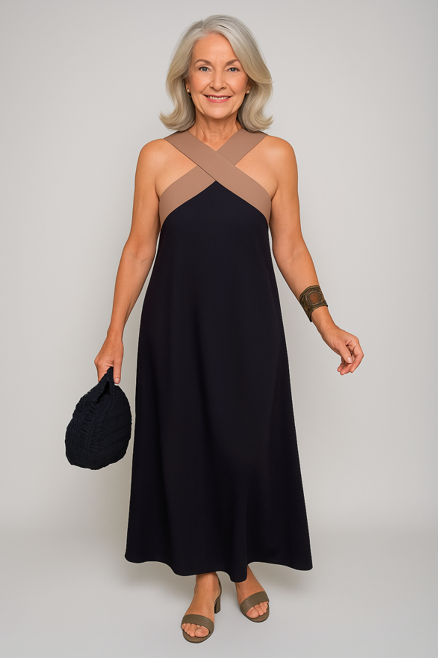 KROHN-E Damen Maxi-Kleid Kreuzausschnitt Fließend Beige