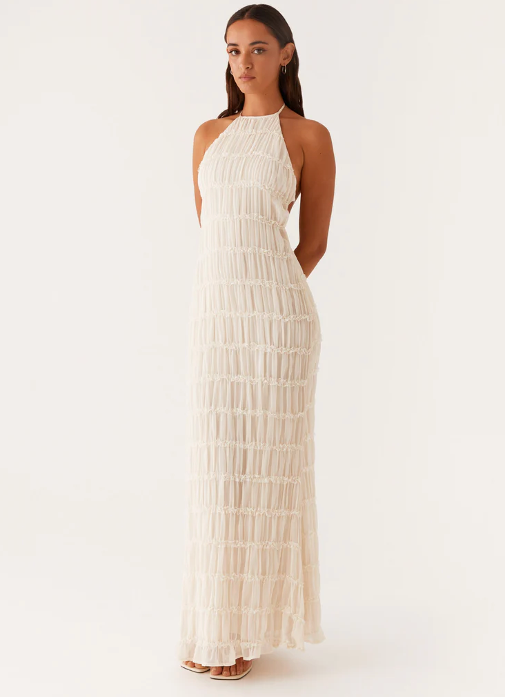 KROHN-E Damen Maxi-Kleid Neckholder Rosa Fließend